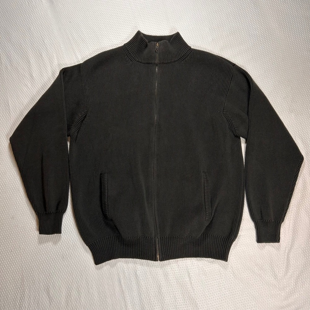 LL Bean Mens Full Zip Ribbed Cotton Cardigan Sweater Charcoal Gray Large